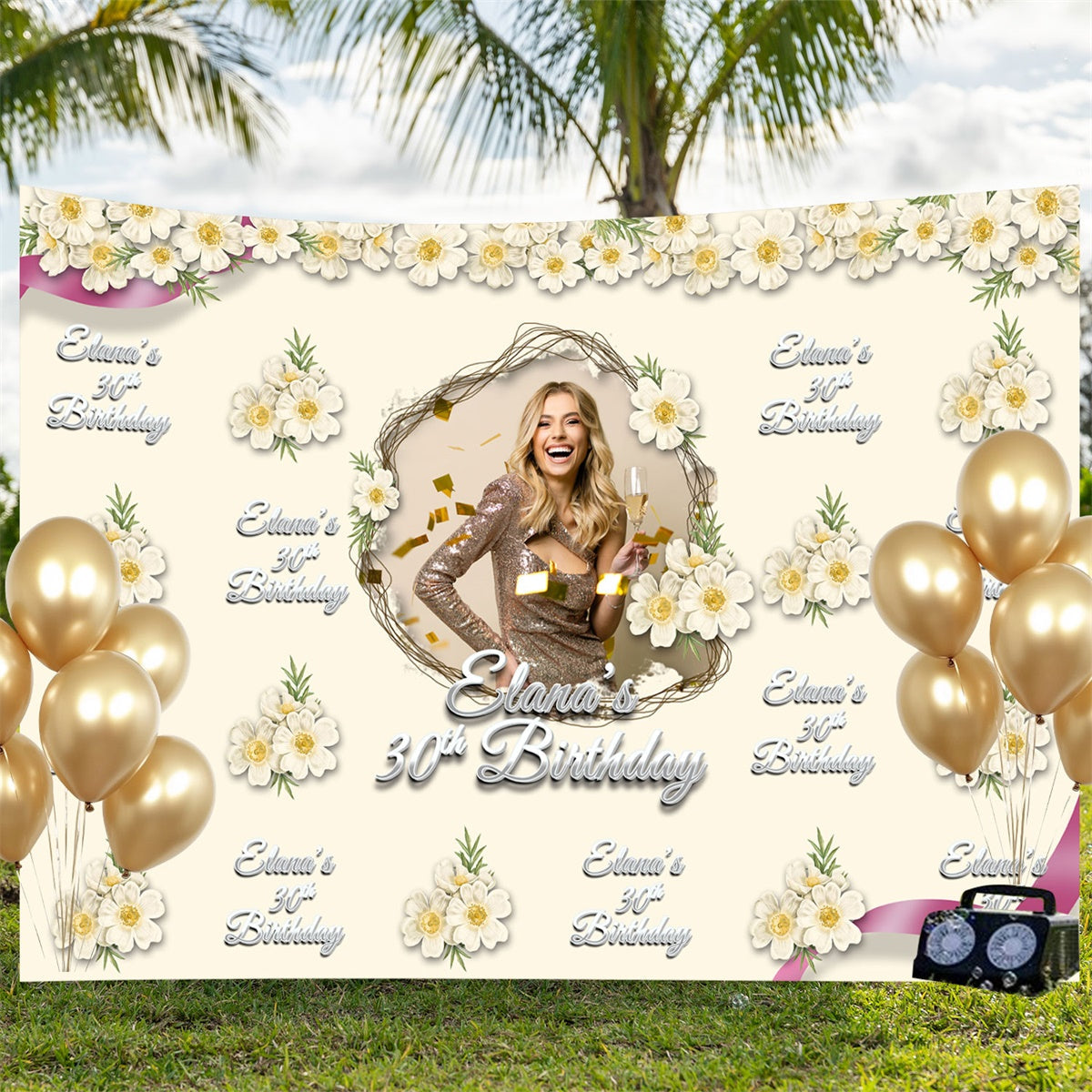 Custom Made Birthday Backdrops Classy Ivory Bloom 30th Backdrop UK BRP3-103