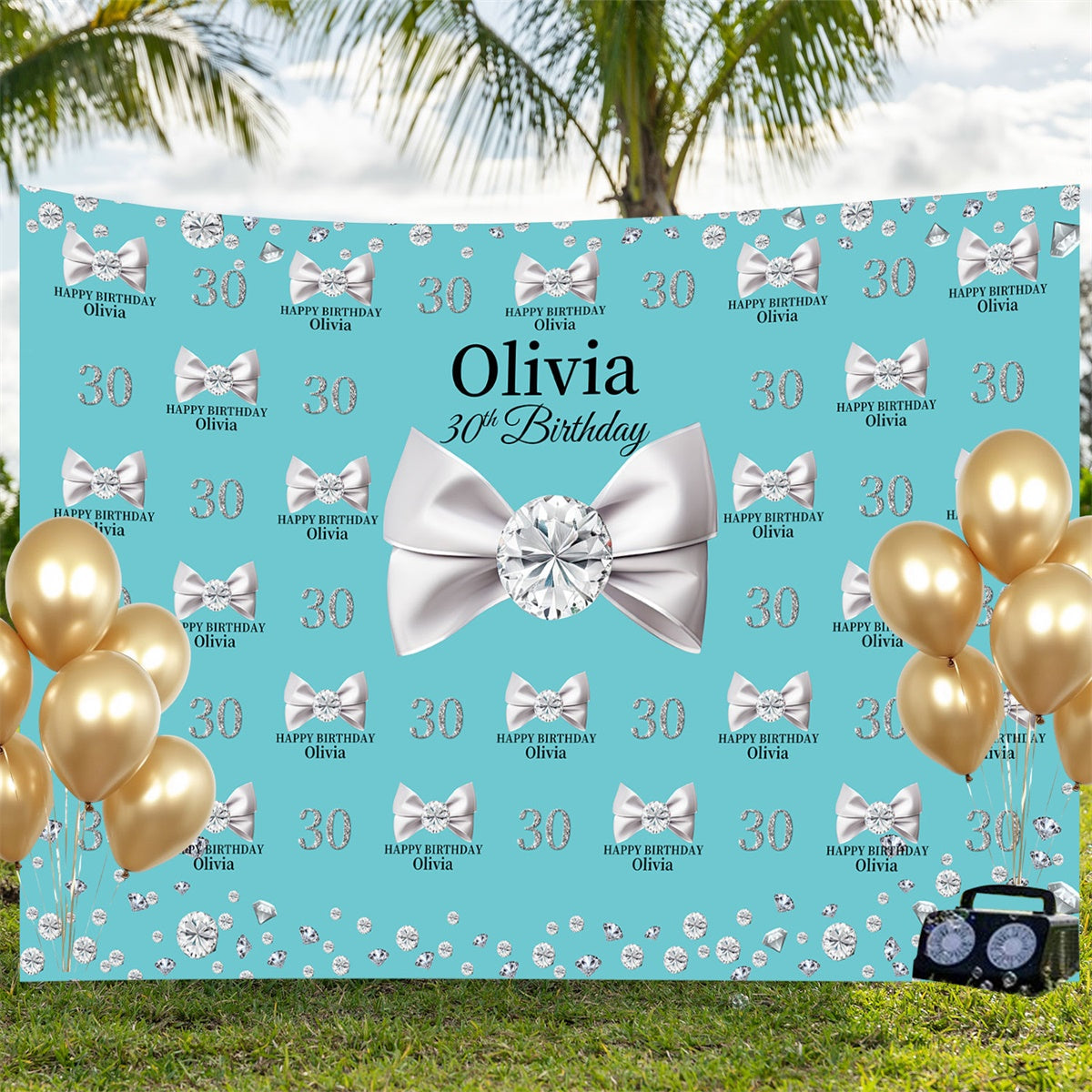 Custom Happy Birthday Backdrop Shimmering Bow Party Backdrop UK BRP3-106