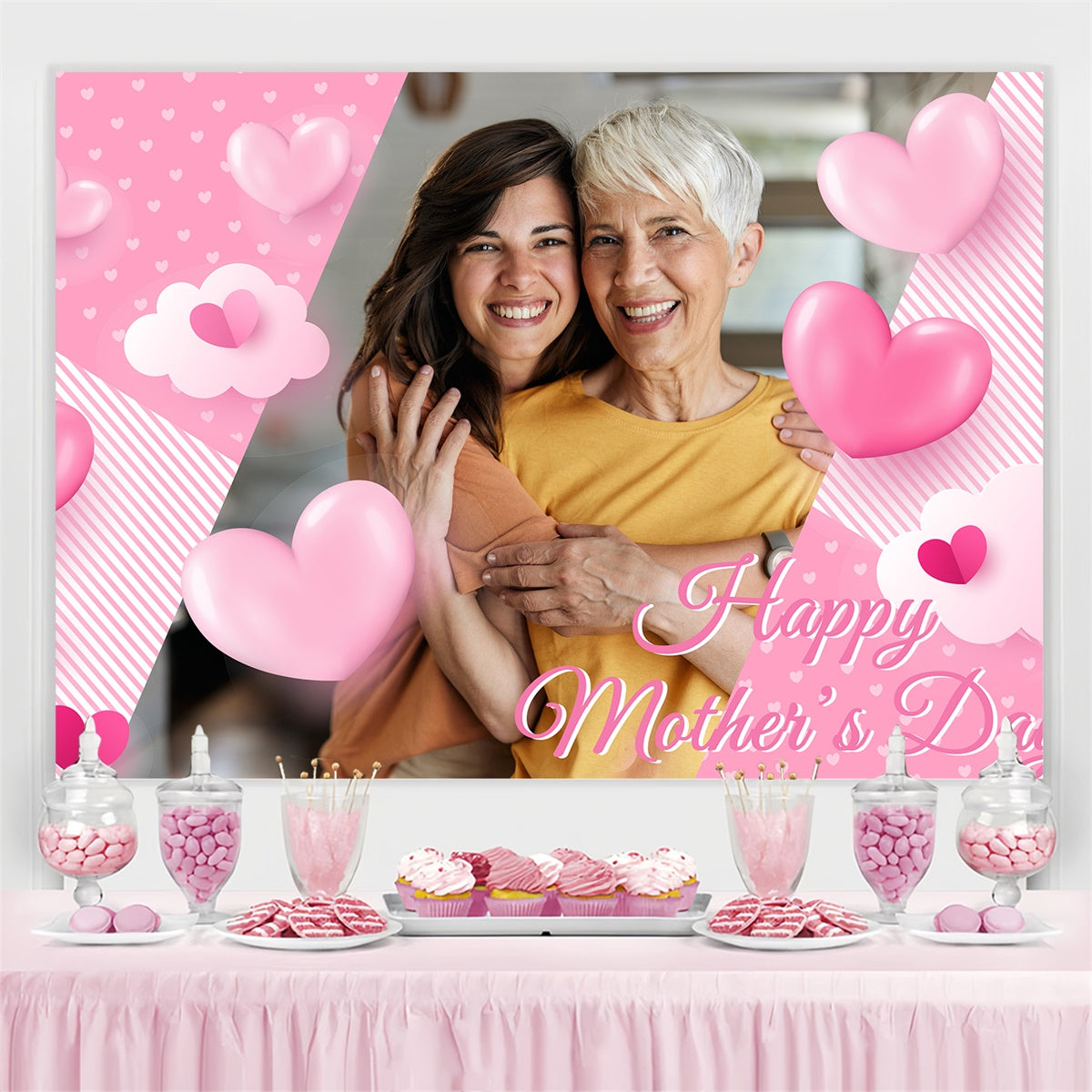 Backdrop For Mothers Day Striped Pink Heart Customized Backdrop UK BRP3-162