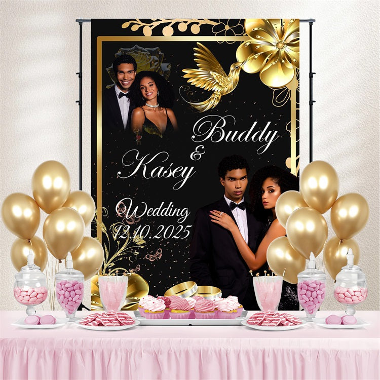 Floral Wedding Backdrop Golden Bird Floral Personalised Backdrop UK BRP3-222