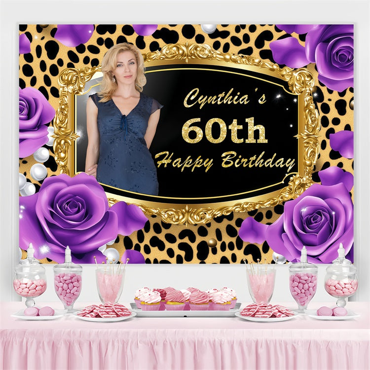 Personalized 60th Birthday Backdrop Golden Leopard Frame Rose Backdrop UK BRP3-246
