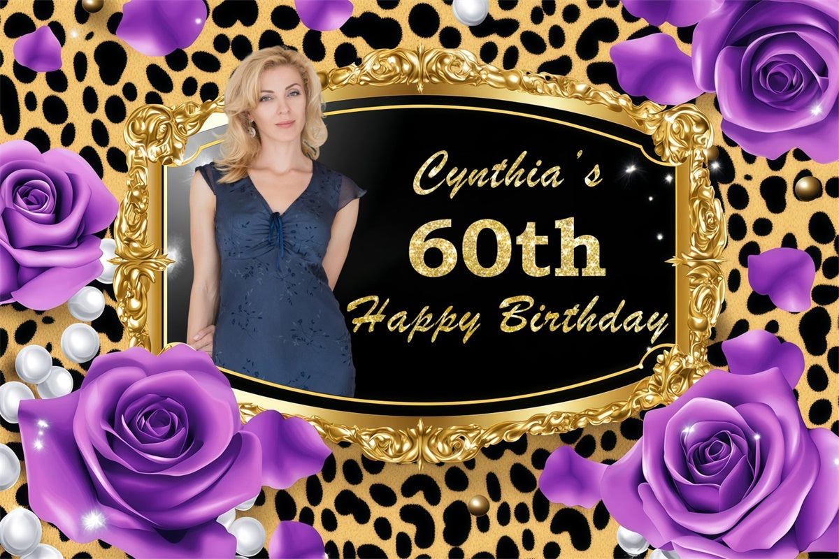 Personalized 60th Birthday Backdrop Golden Leopard Frame Rose Backdrop UK BRP3-246