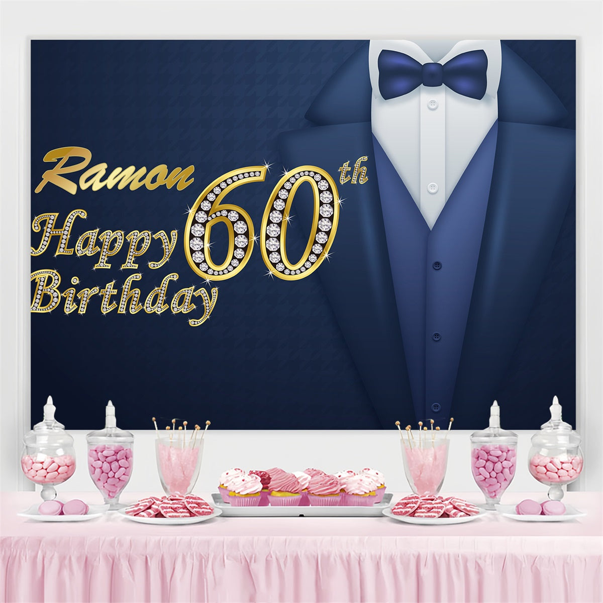 Personalized 60th Birthday Backdrop Elegant Blue Gold Tuxedo Backdrop UK BRP3-257