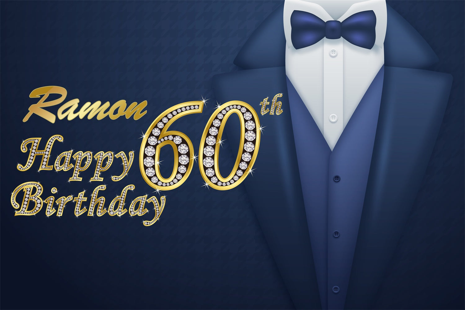 Personalized 60th Birthday Backdrop Elegant Blue Gold Tuxedo Backdrop UK BRP3-257