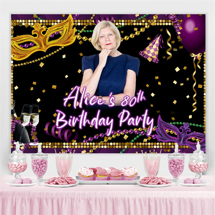 Customized Birthday Backdrop Purple Gold Mask Glamour 80th Backdrop UK BRP3-266