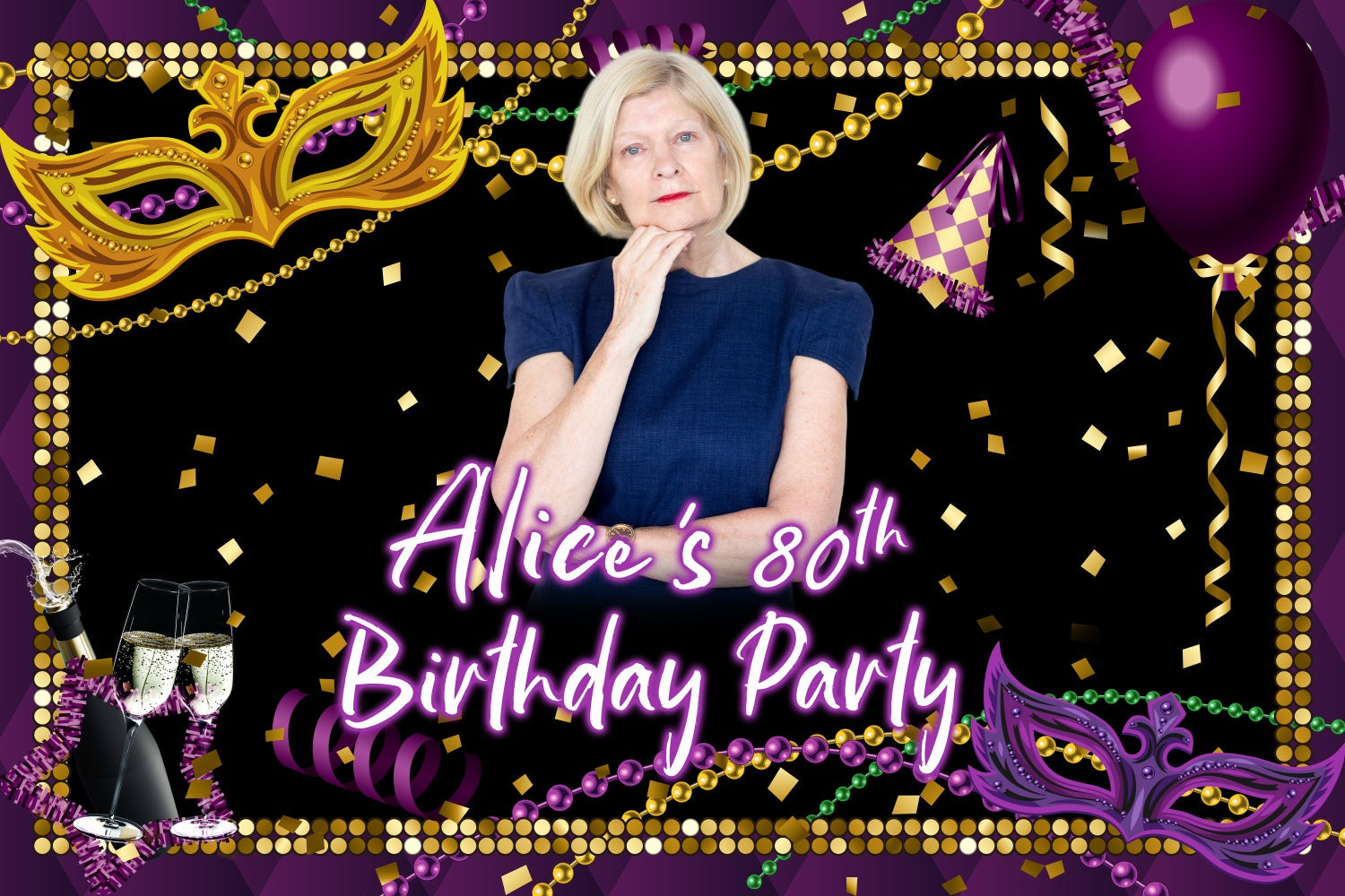 Customized Birthday Backdrop Purple Gold Mask Glamour 80th Backdrop UK BRP3-266