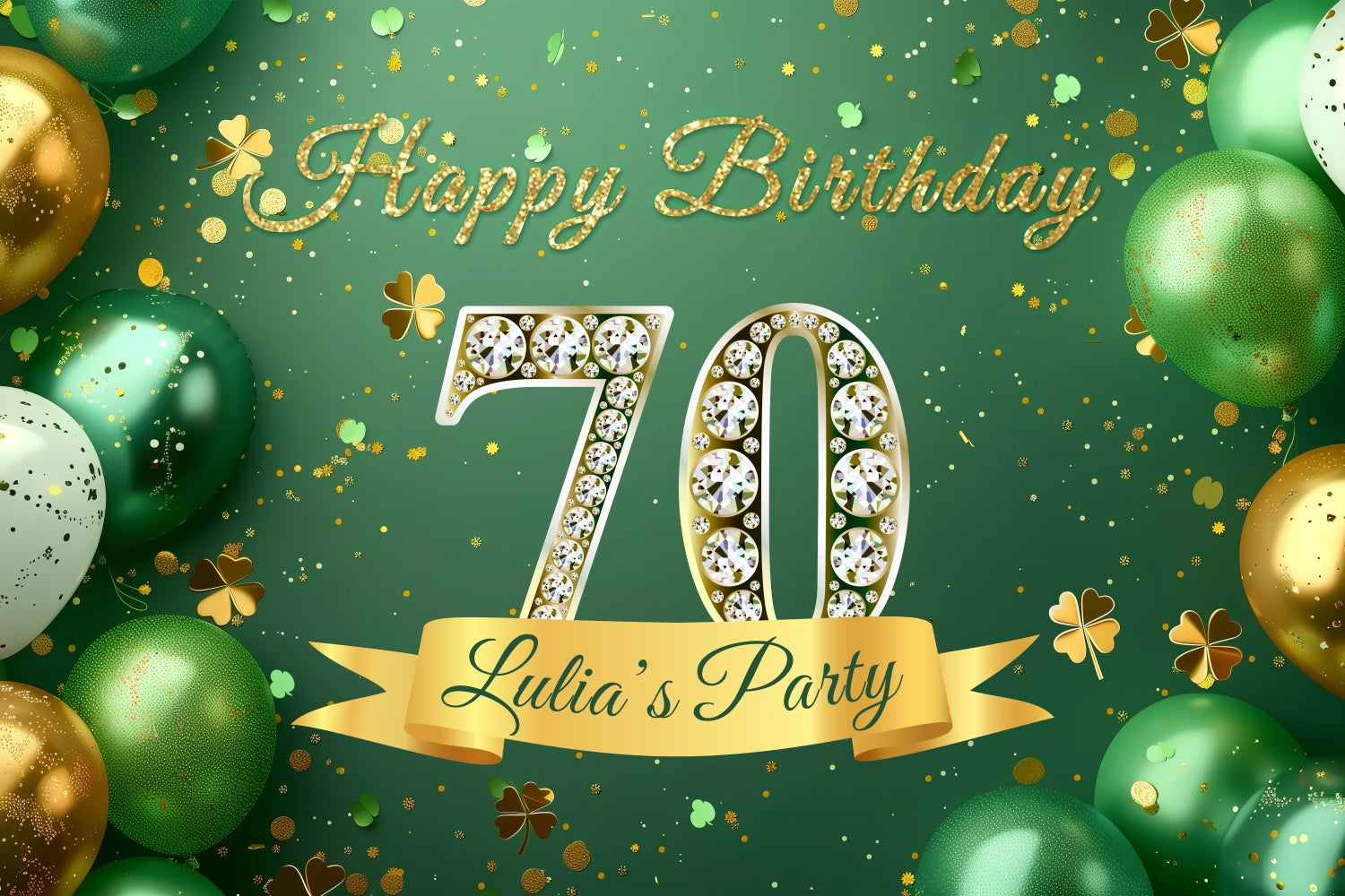 Personalized 70th Birthday Backdrop Green Glitter Balloons Backdrop UK BRP3-275