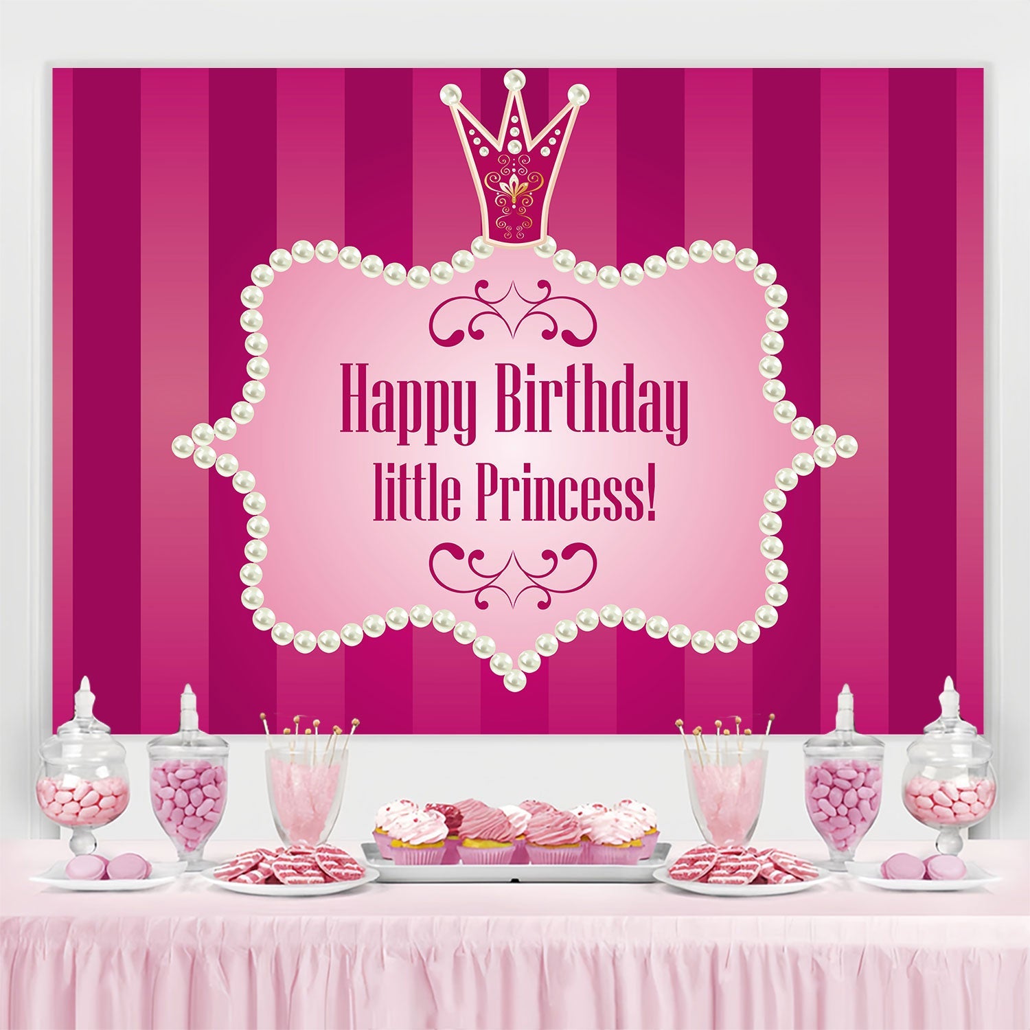 Personalized Birthday Photo Backdrop Pink Pearl Crown Backdrop UK BRP3-46