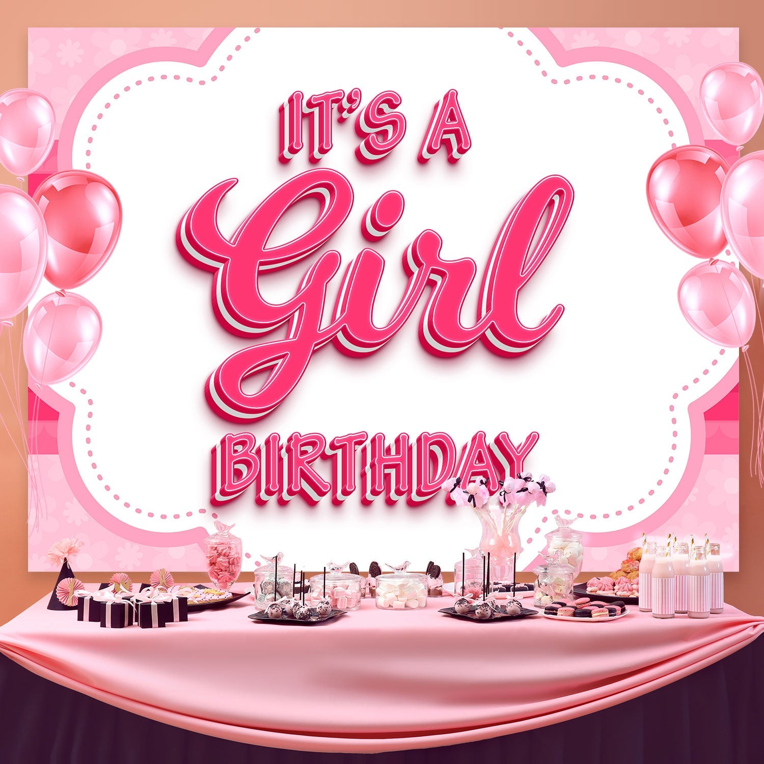 Personalized Backdrop For Birthday Romantic Pink Theme Backdrop UK BRP3-54