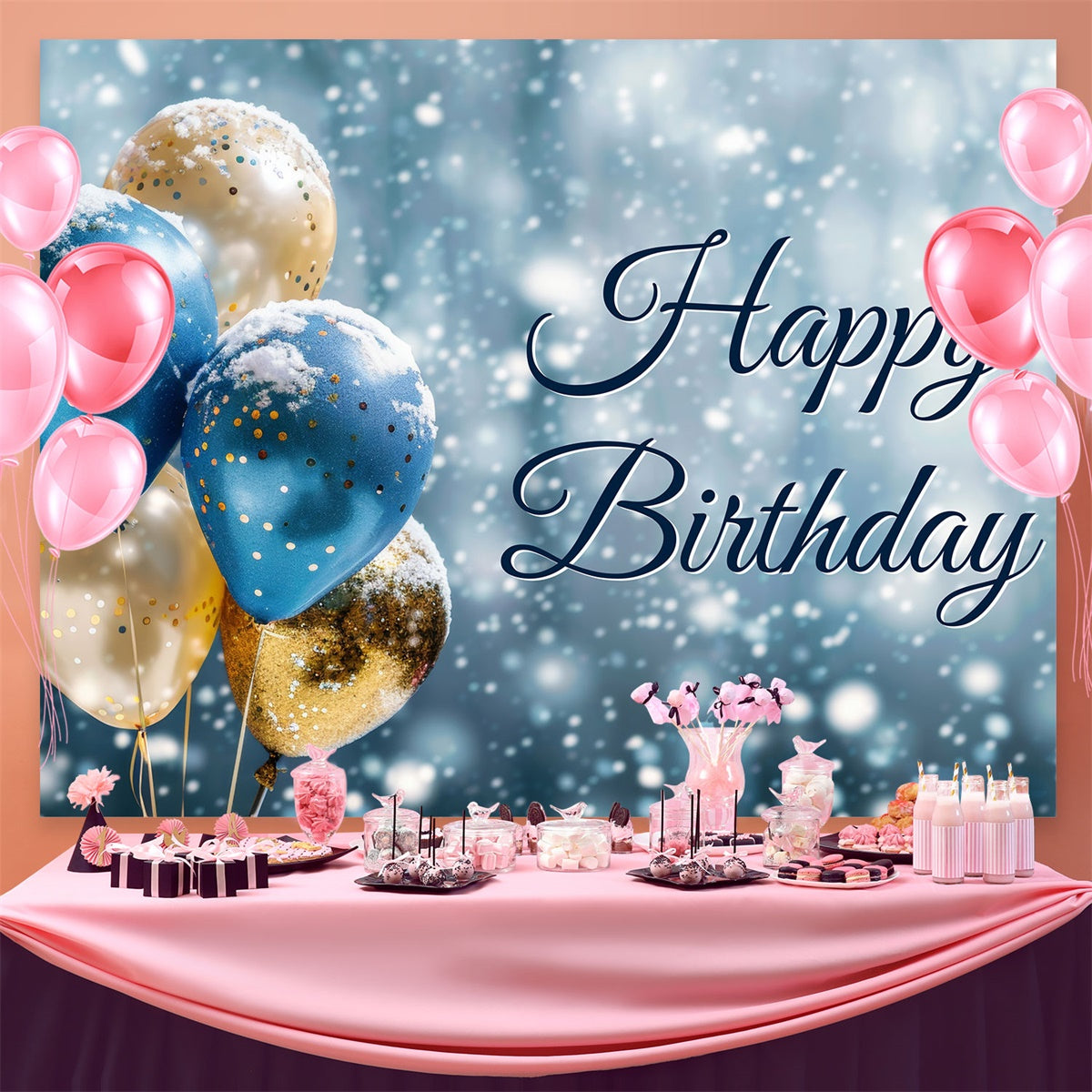Custom Birthday Backdrops Winter Wonderland Balloons Backdrop UK BRP3-68