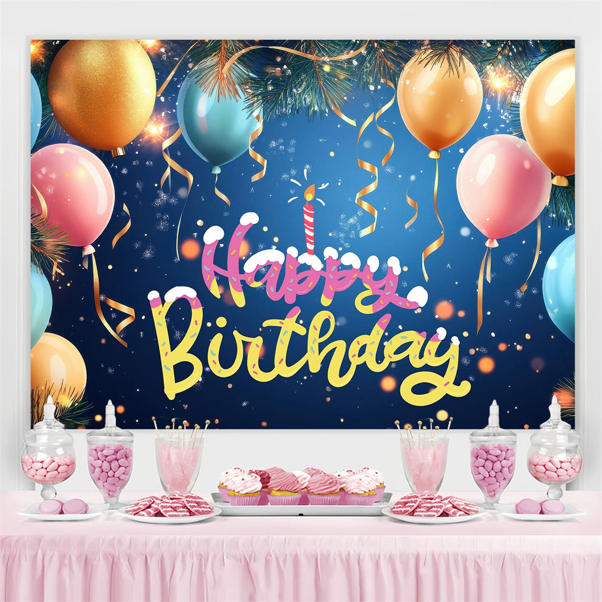 Custom Happy Birthday Backdrop Festive Pine Balloons Backdrop UK BRP3-70