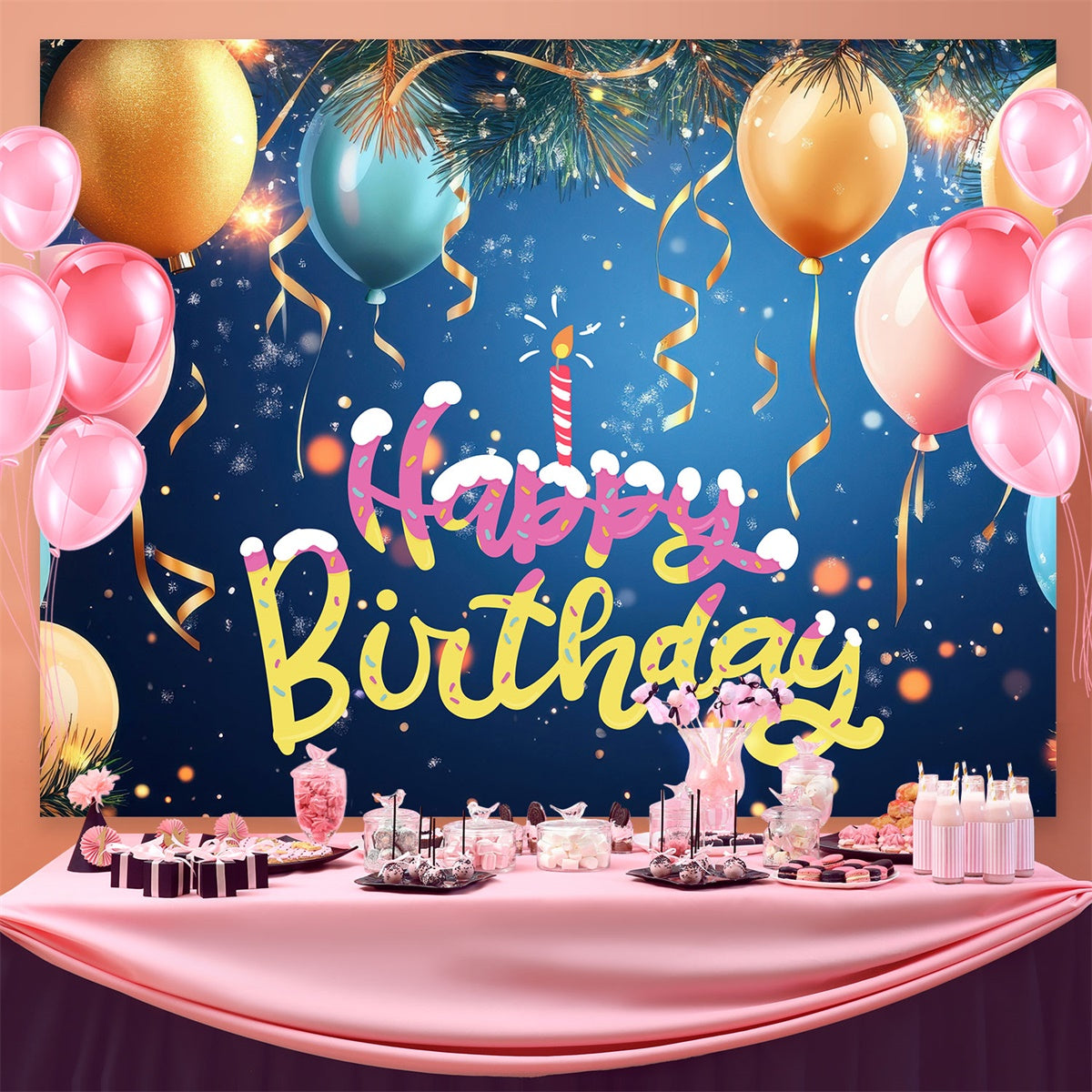 Custom Happy Birthday Backdrop Festive Pine Balloons Backdrop UK BRP3-70