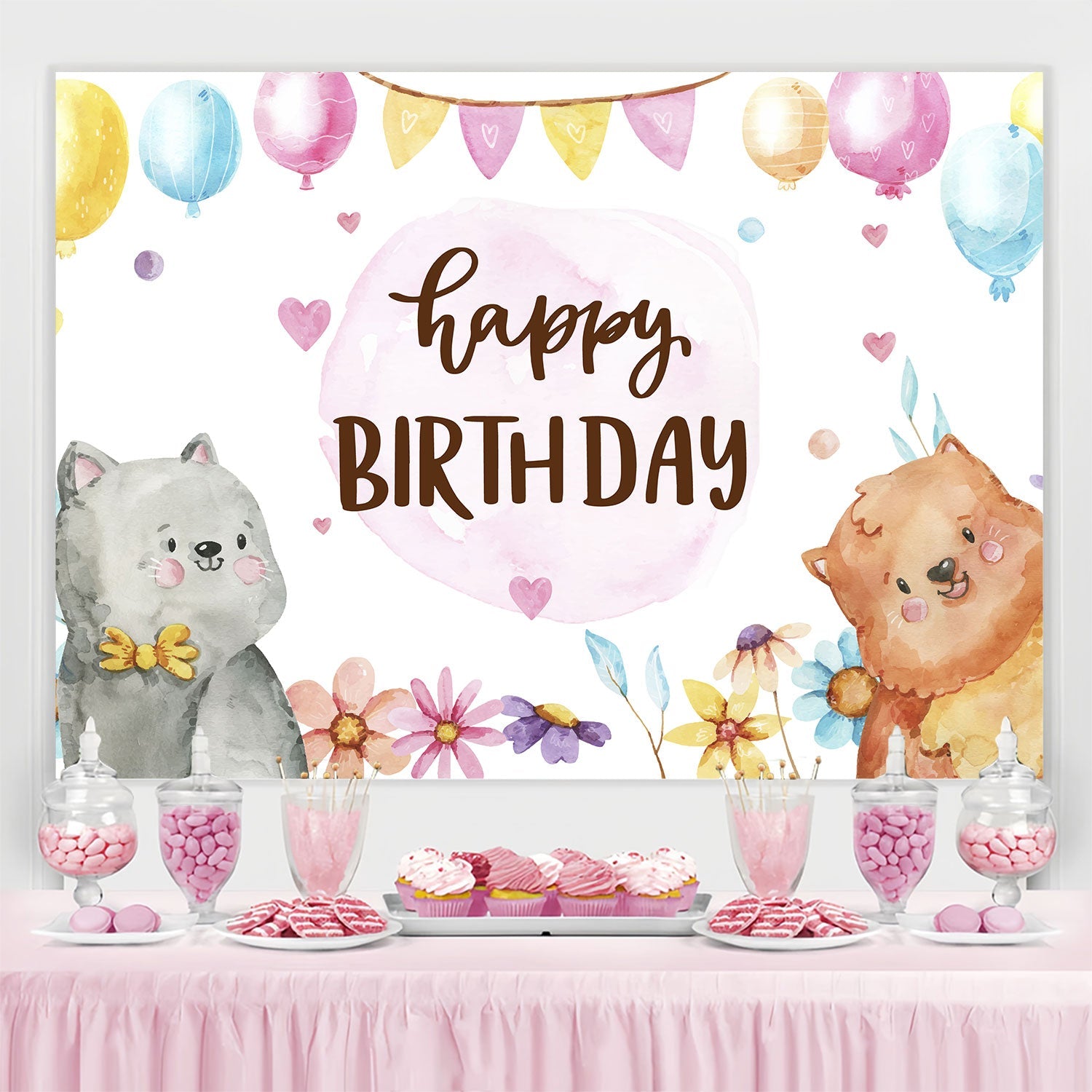 Birthday Backdrop Personalized Watercolor Cute Animals Backdrop UK BRP3-74