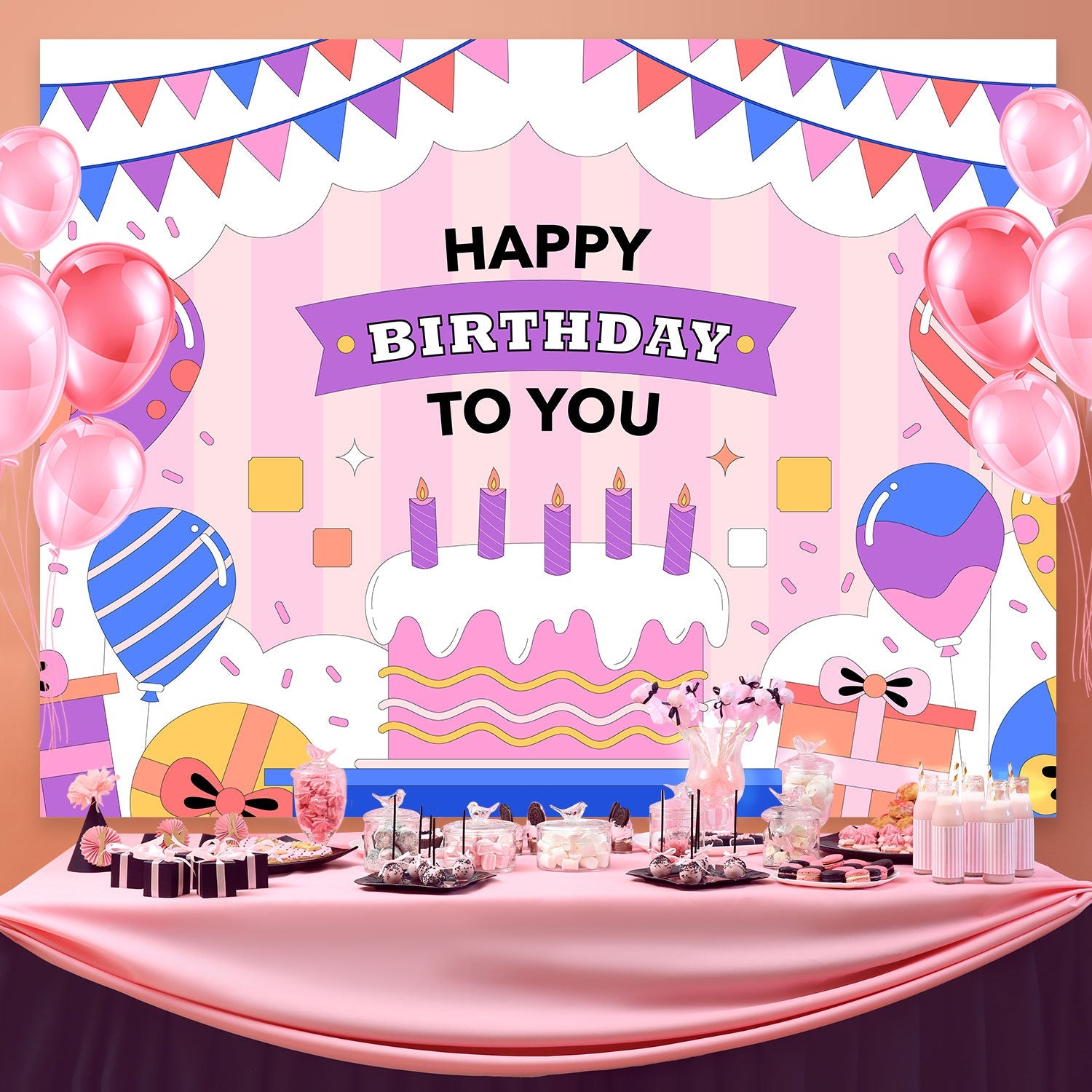 Customized Backdrop For Birthday Colorful Balloons Cake Backdrop UK BRP3-75