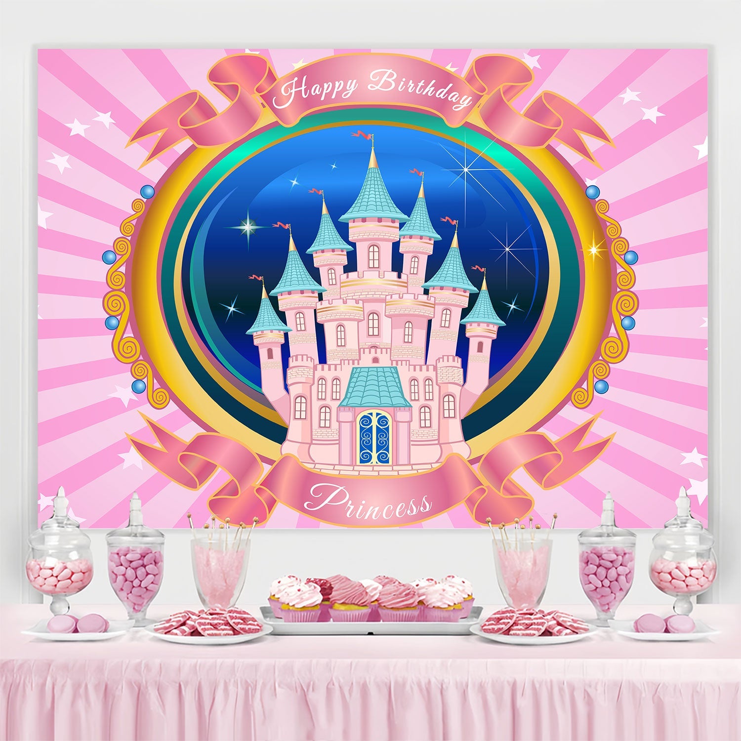 Birthday Backdrop Personalized Magical Pink Castle Backdrop UK BRP3-82