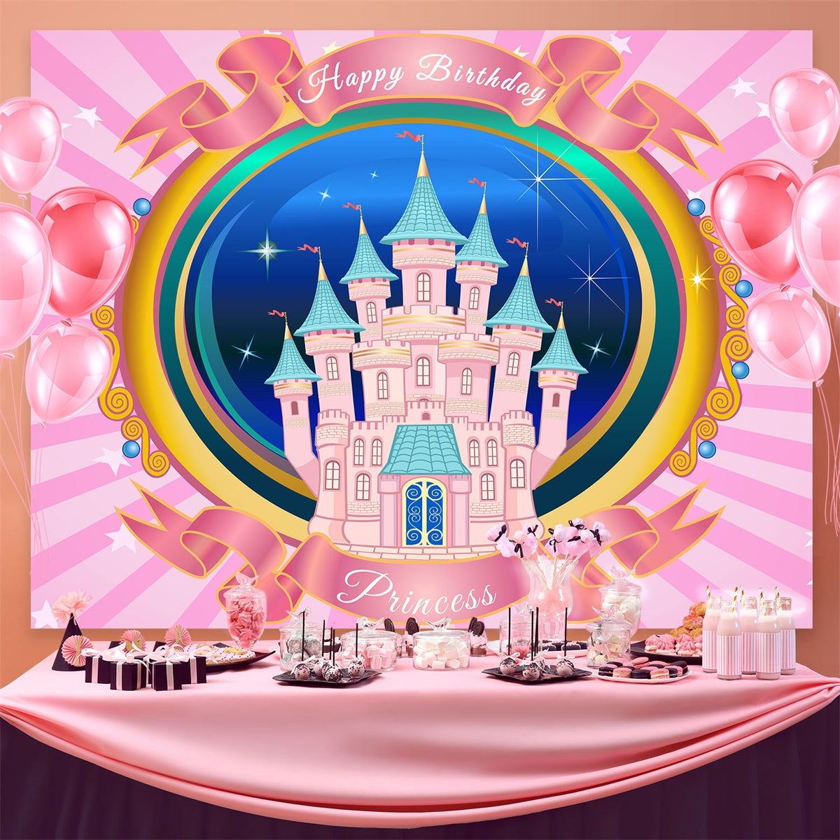 Birthday Backdrop Personalized Magical Pink Castle Backdrop UK BRP3-82