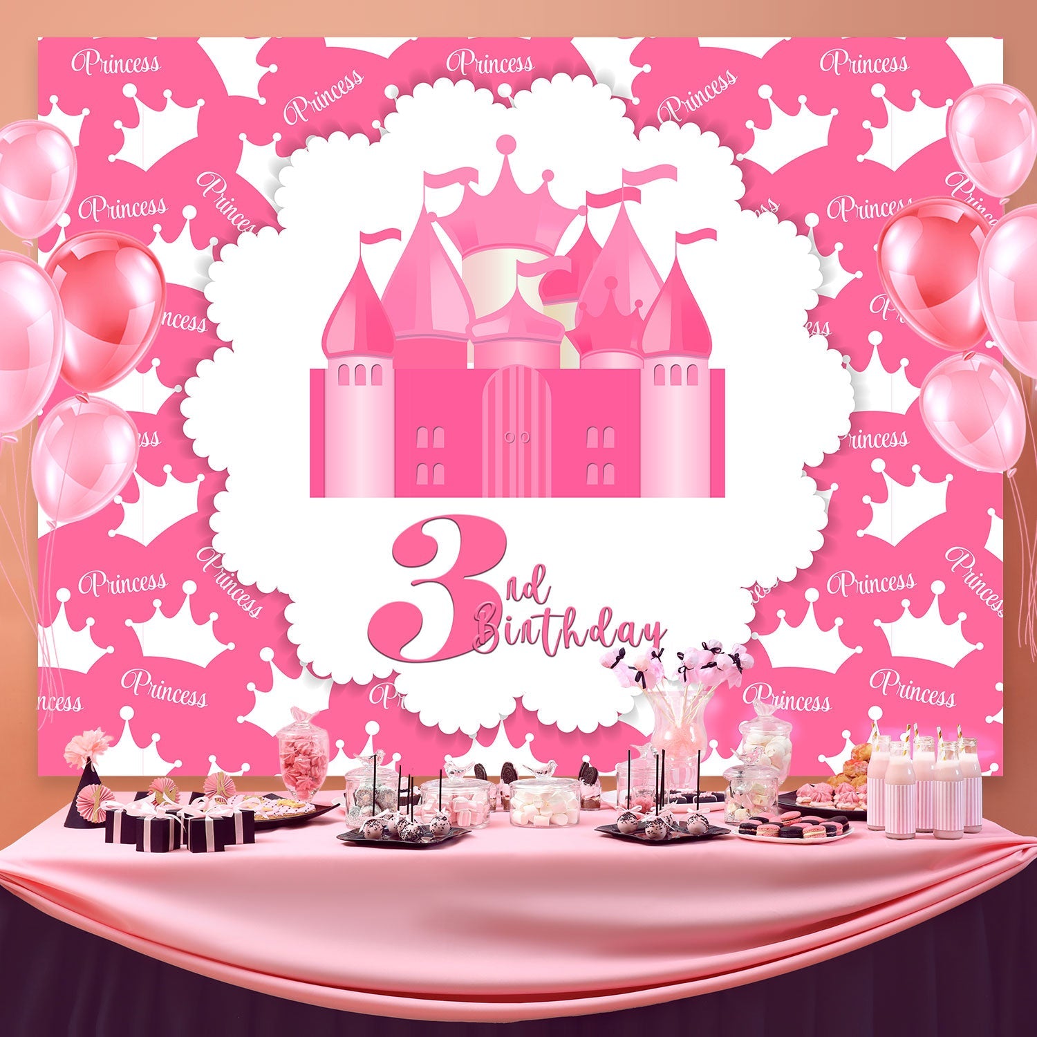 Customized Birthday Backdrop Pink Princess Castle 3rd Backdrop UK BRP3-84