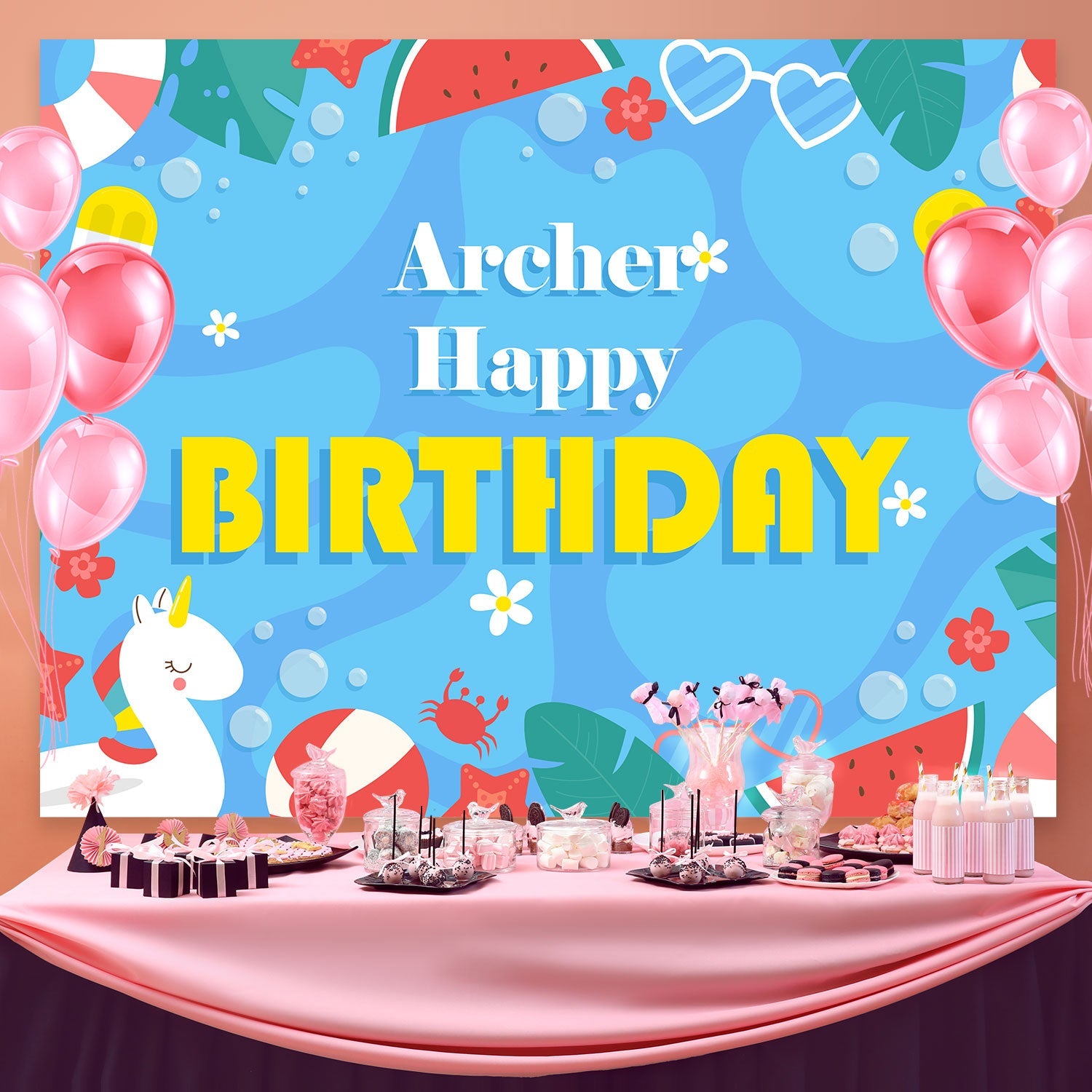 Personalized Backdrop For Birthday Tropical Pool Party Backdrop UK BRP3-95