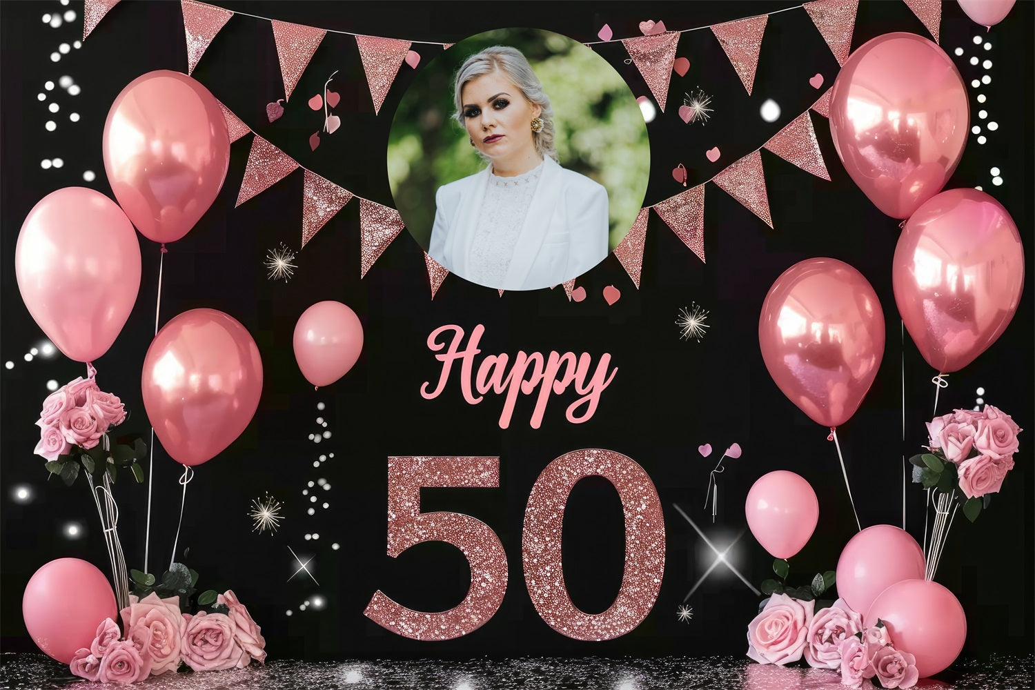 Personalized 50th Birthday Backdrops Pink Balloon Rose Backdrop UK BRP4-10