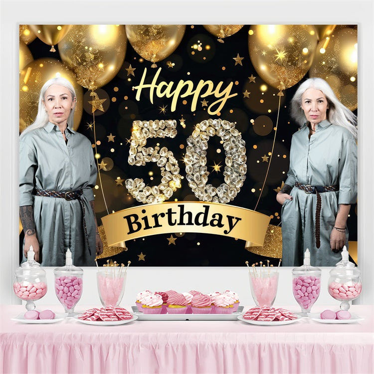 Personalized 50th Birthday Backdrop Glitzy Stars Balloons Backdrop UK BRP4-11