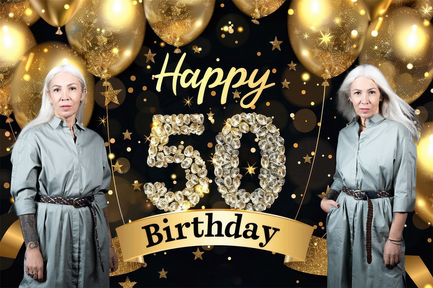 Personalized 50th Birthday Backdrop Glitzy Stars Balloons Backdrop UK BRP4-11
