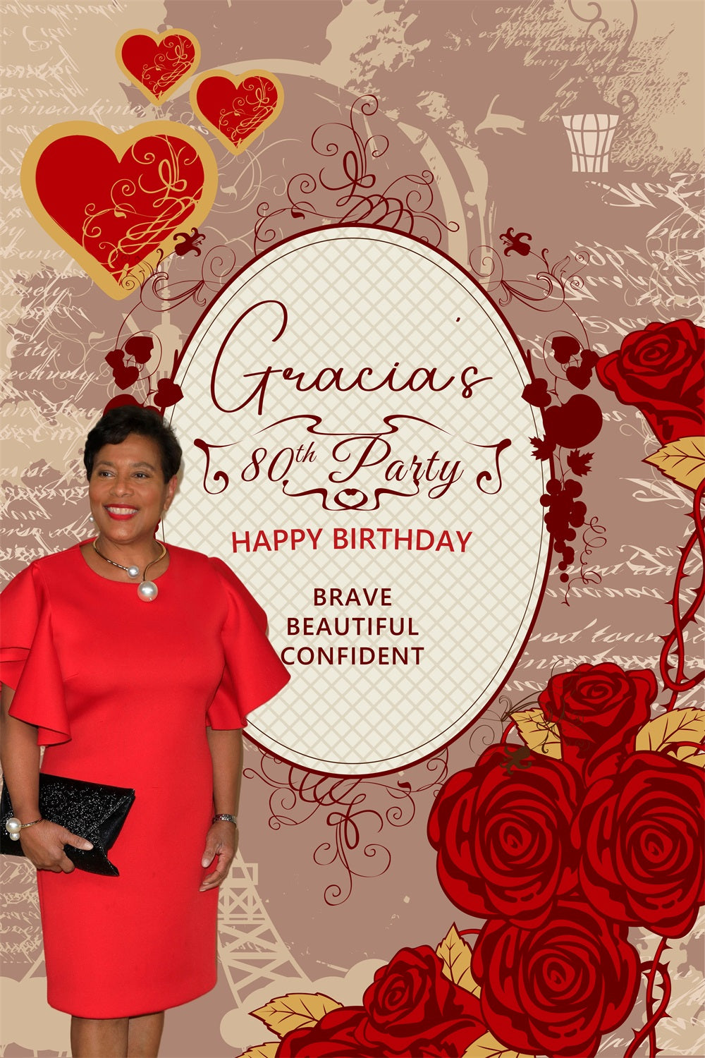 Personalized Birthday Backdrop Red Rose 80th Backdrop UK BRP4-21