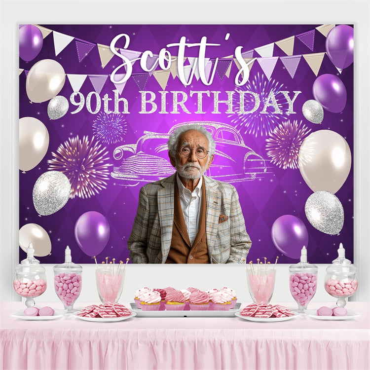 Personalised Birthday Backdrop Fireworks Balloon 90th Backdrop UK BRP4-24