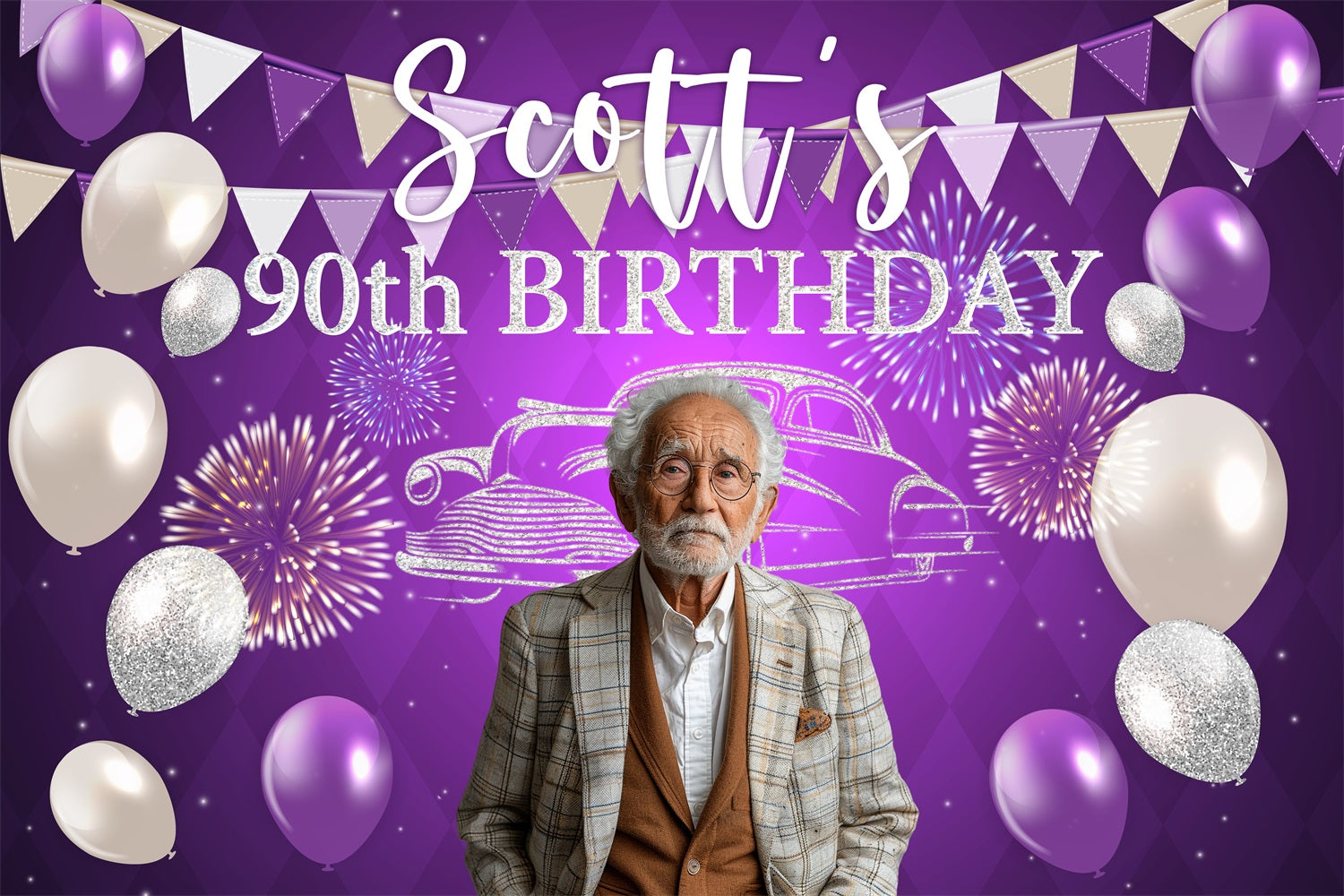 Personalised Birthday Backdrop Fireworks Balloon 90th Backdrop UK BRP4-24