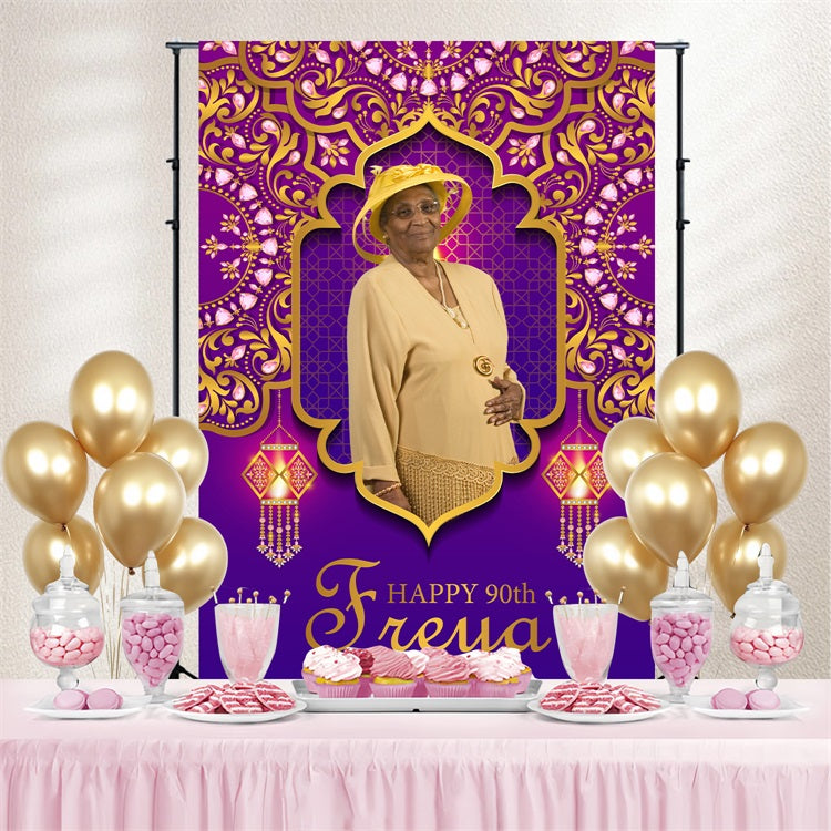 Birthday Backdrop Personalized Purple Royal Frame 90th Backdrop UK BRP4-30