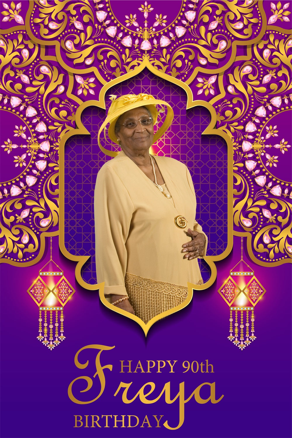 Birthday Backdrop Personalized Purple Royal Frame 90th Backdrop UK BRP4-30