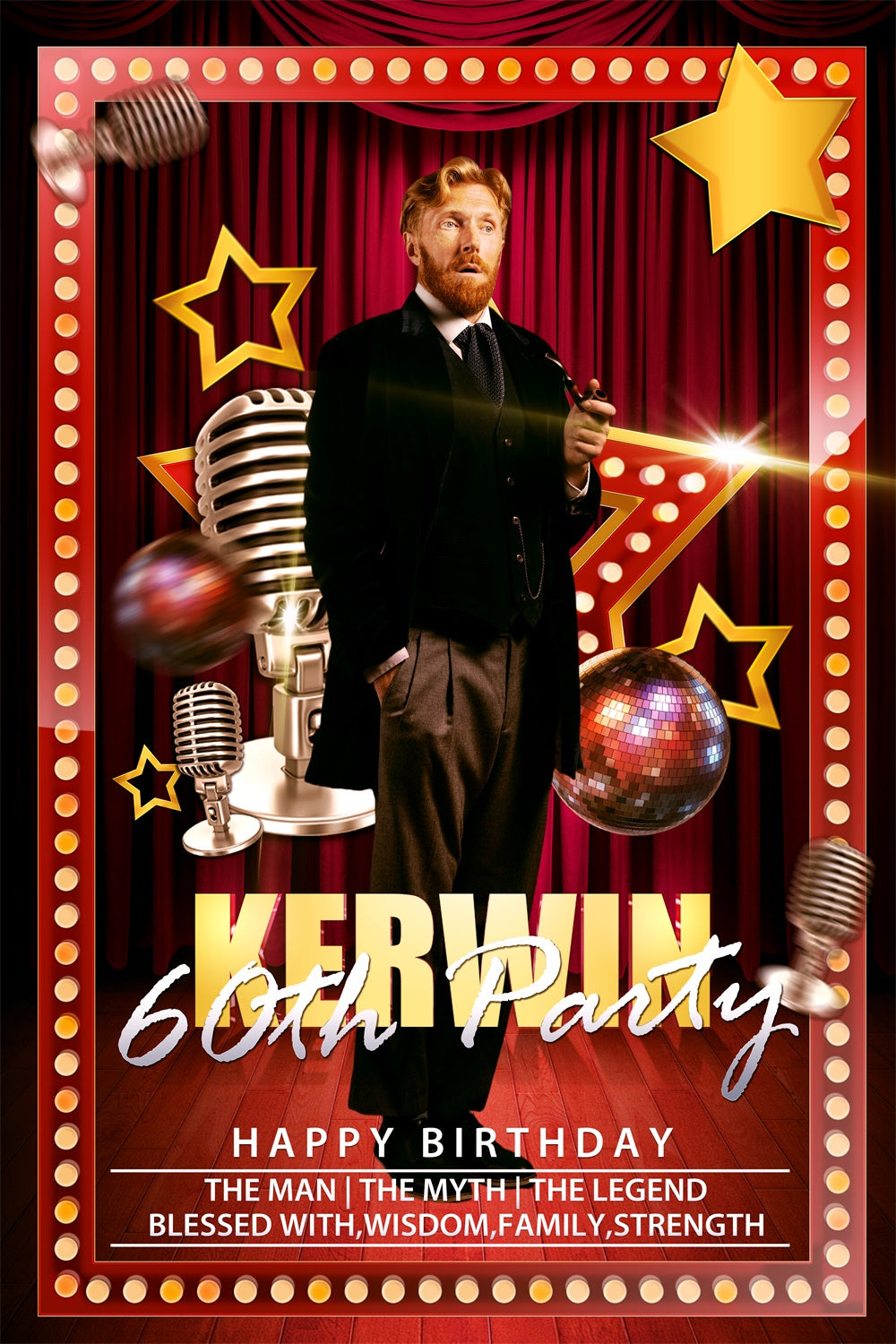 Personalized 60th Birthday Backdrop Red Stage Spotlight Backdrop UK BRP4-38