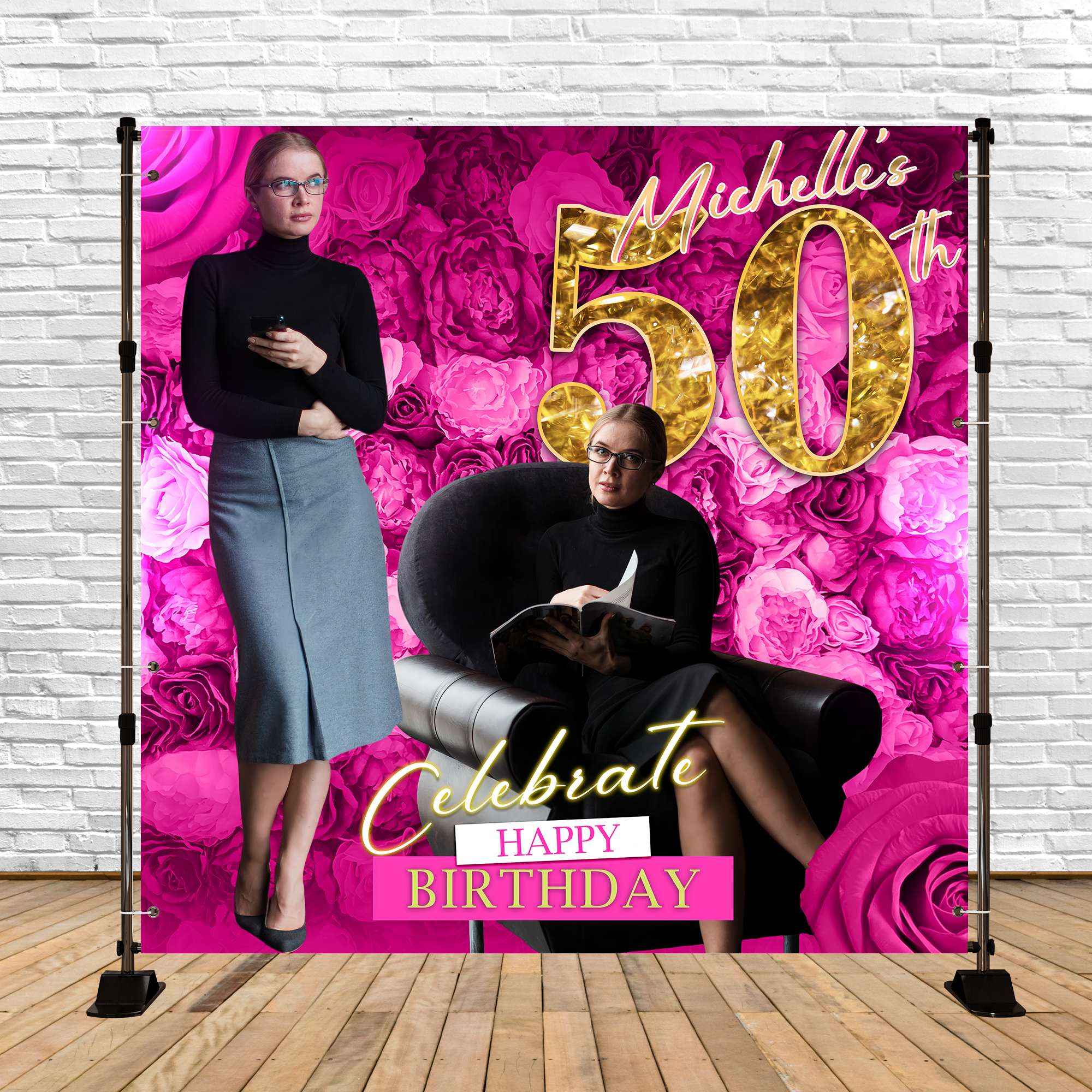 50th Birthday Photo Backdrop Graceful Pink Floral Custom Backdrop UK BRP5-101