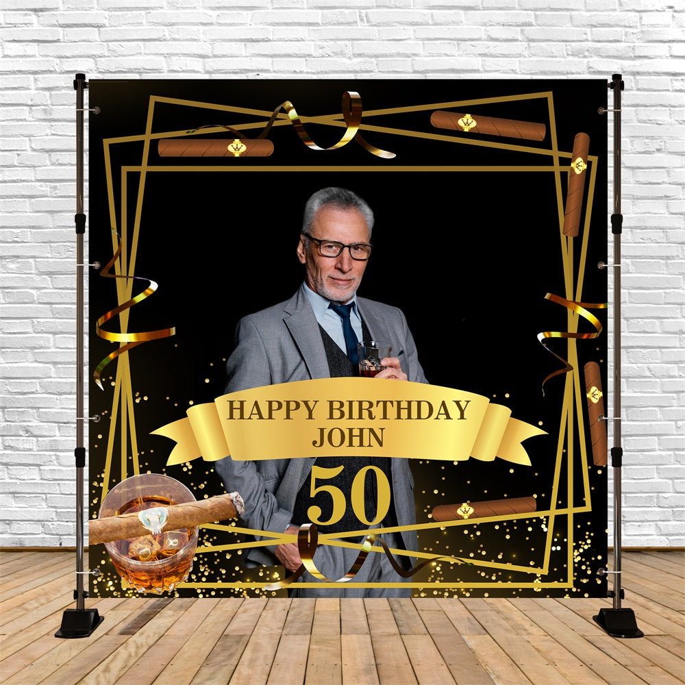 50th Birthday Photo Backdrop Whiskey Cigar Gold Custom Backdrop UK BRP5-107