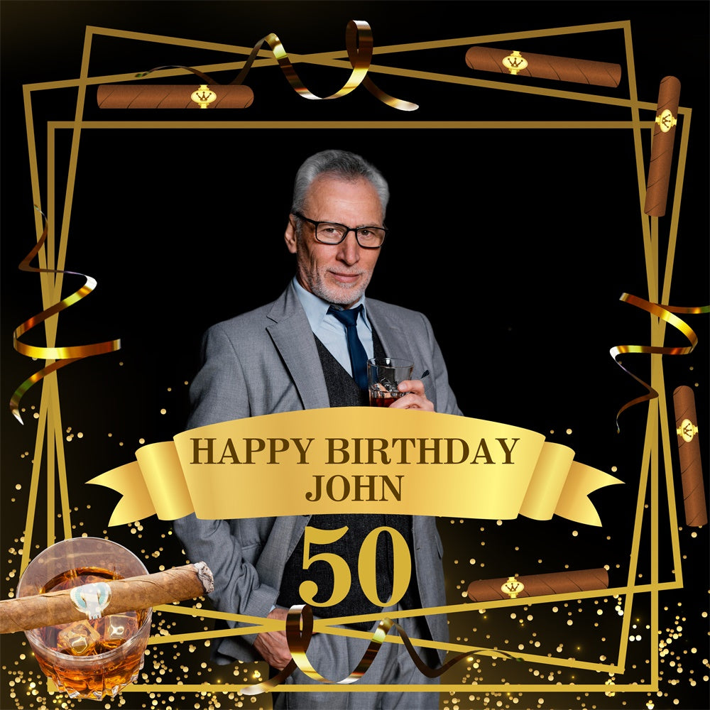 50th Birthday Photo Backdrop Whiskey Cigar Gold Custom Backdrop UK BRP5-107