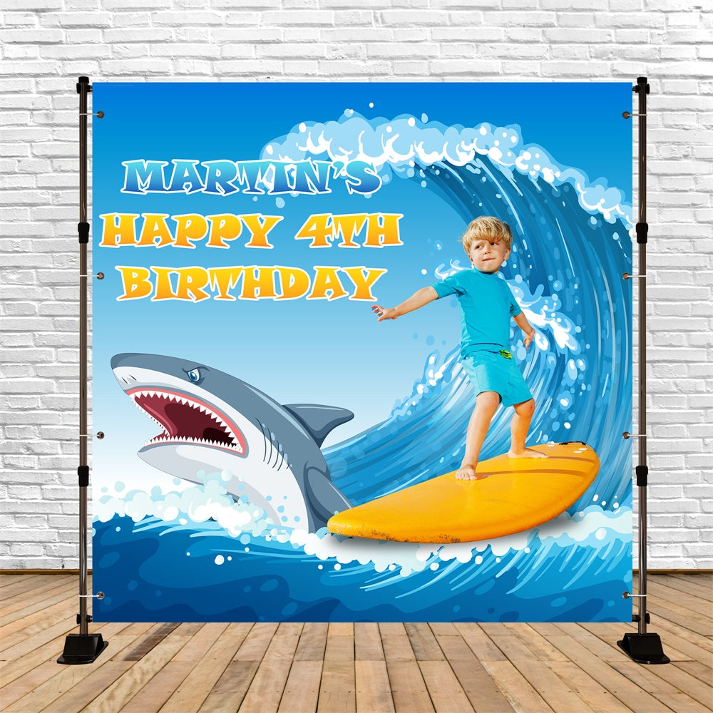 Customized Backdrop For Birthday Shark Wave Surfing 4th Backdrop UK BRP5-113