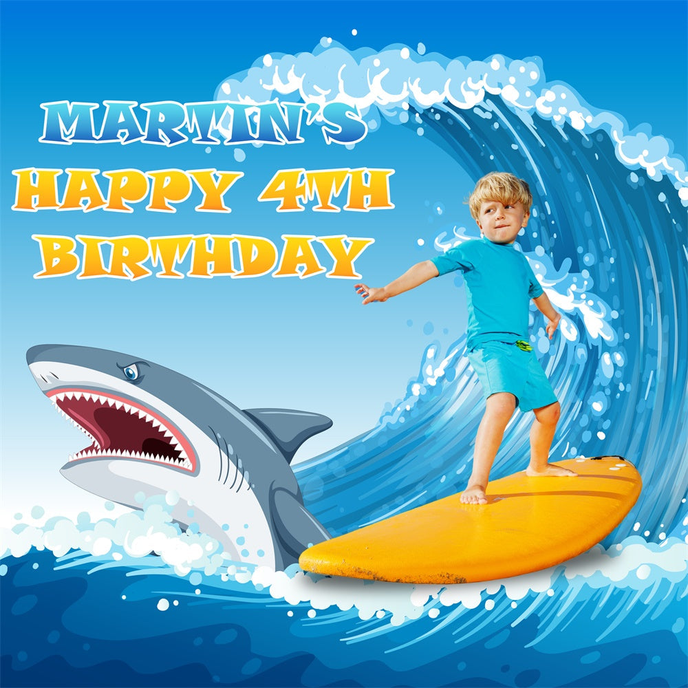 Customized Backdrop For Birthday Shark Wave Surfing 4th Backdrop UK BRP5-113