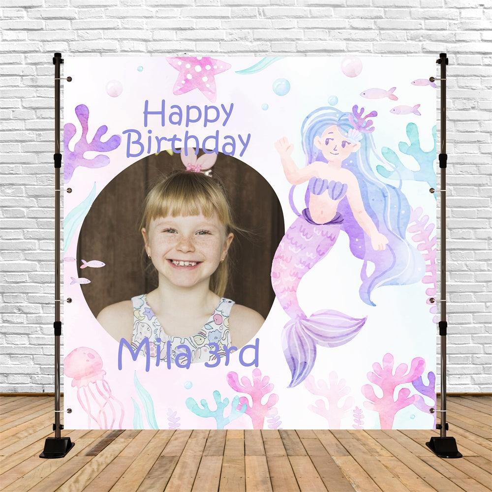 Personalized Birthday Backdrop Watercolor Mermaid 3rd Backdrop UK BRP5-130