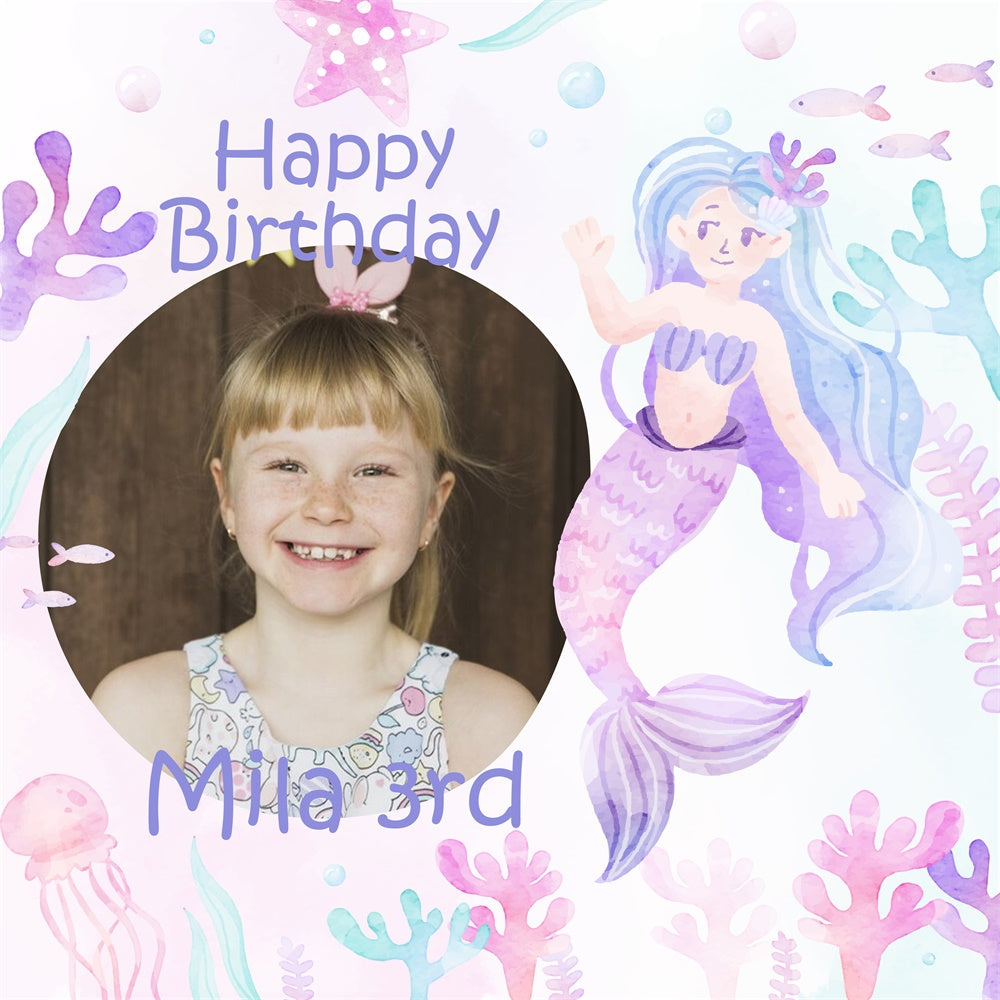 Personalized Birthday Backdrop Watercolor Mermaid 3rd Backdrop UK BRP5-130