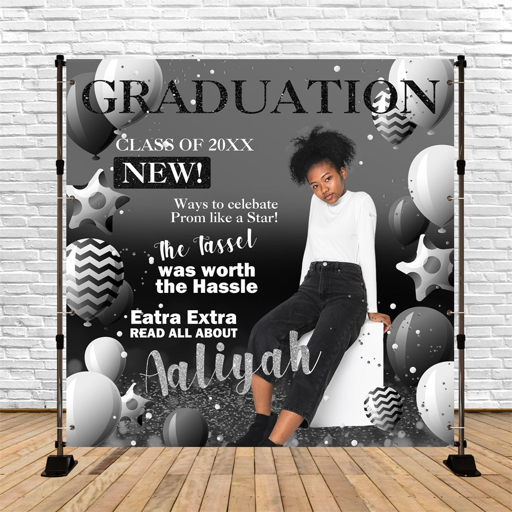 Graduation Backdrop Black White Balloon Personalised Party Graduation Backdrop UK BRP5-206