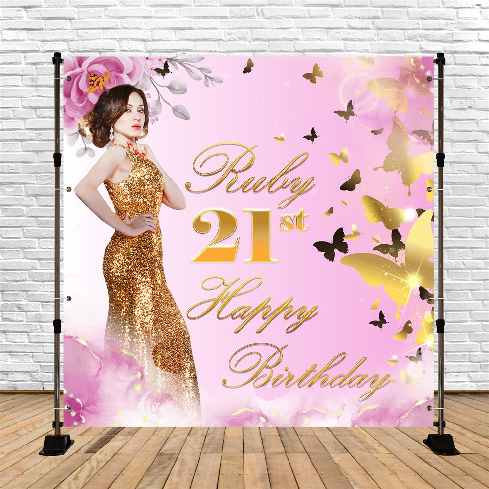 Personalized Birthday Backdrops Golden Butterfly Floral Backdrop UK BRP5-91