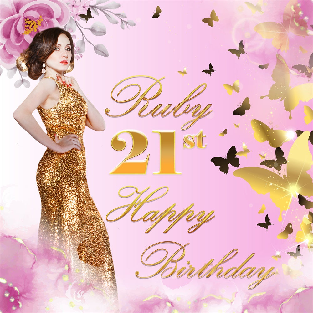 Personalized Birthday Backdrops Golden Butterfly Floral Backdrop UK BRP5-91