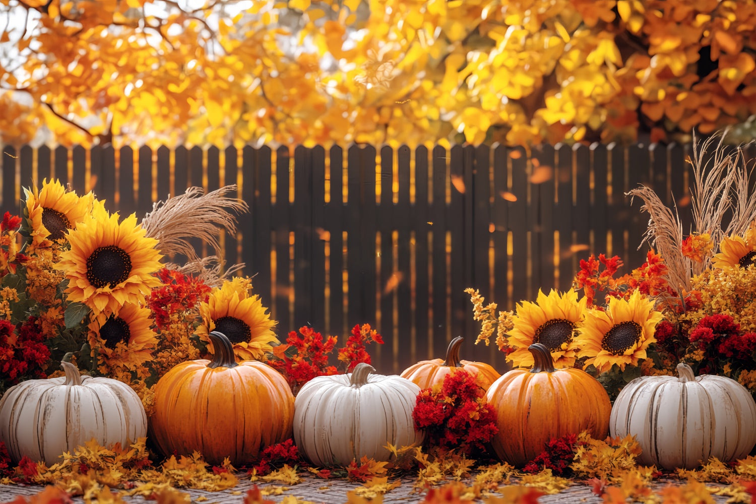 Fall Thanksgiving Backdrop Sunflower Fence Pumpkin Backdrop UK BRP57-327