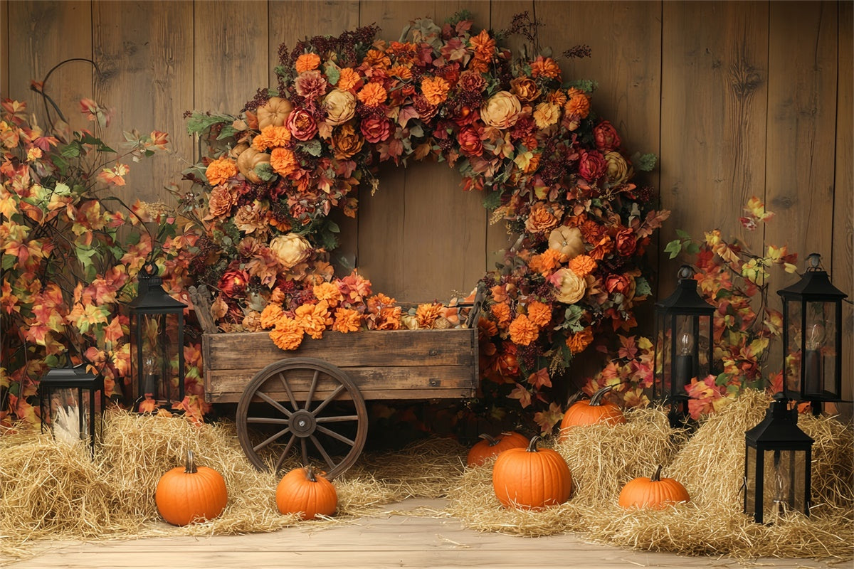 Thanksgiving Photo Backdrop Pumpkin Hay Wreath Backdrop UK BRP57-342