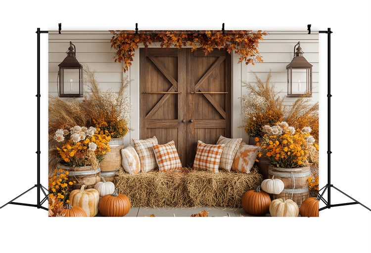 Thanksgiving Day Backdrop Cozy Porch Plaid Pillow Backdrop UK BRP57-346