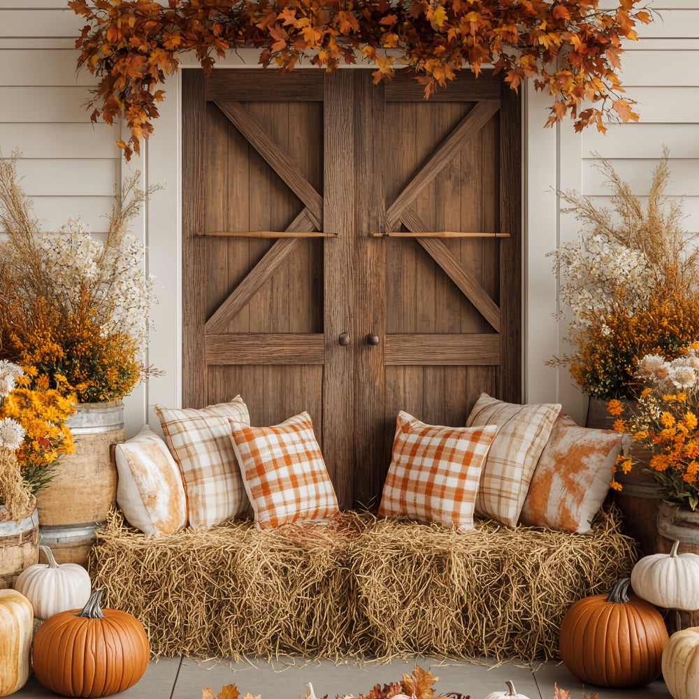 Thanksgiving Day Backdrop Cozy Porch Plaid Pillow Backdrop UK BRP57-346