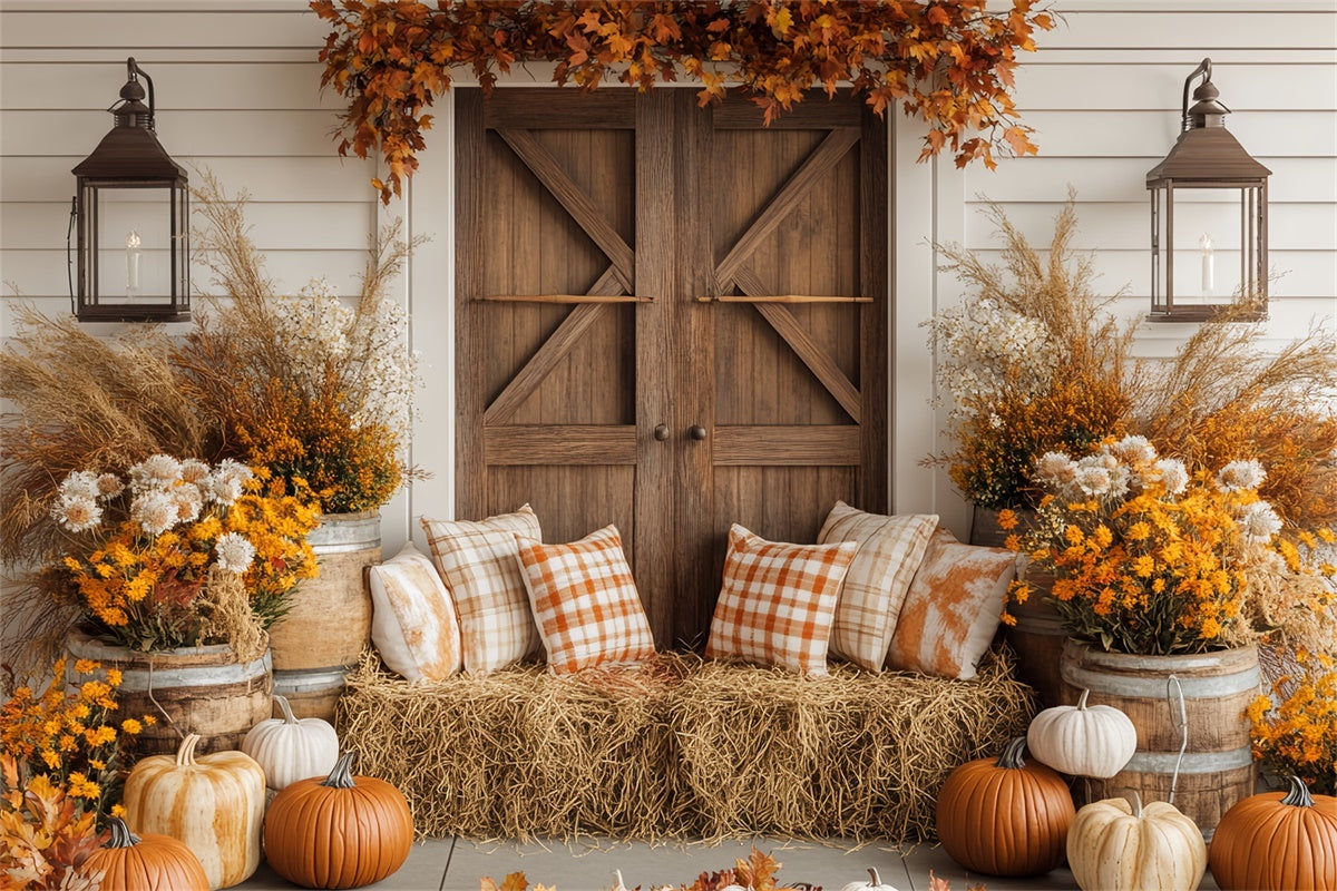 Thanksgiving Day Backdrop Cozy Porch Plaid Pillow Backdrop UK BRP57-346