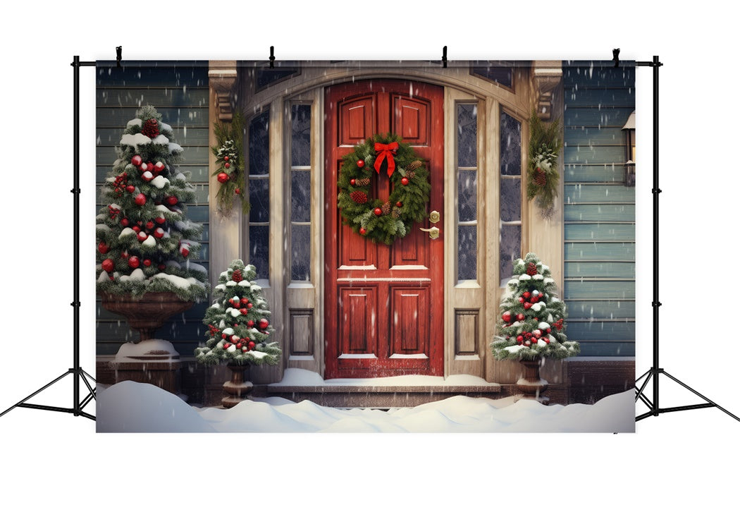 Snowy Christmas Red Door Wreath Backdrop UK BRP8-118