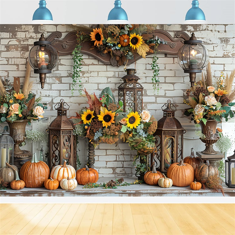Vintage Lanterns Pumpkins on Fall-Themed Mantel Backdrop UK BRP9-157