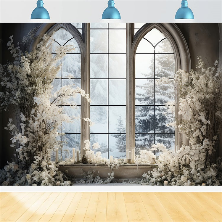 Winter Window Snow Covered Pine Trees Backdrop UK BRP9-234