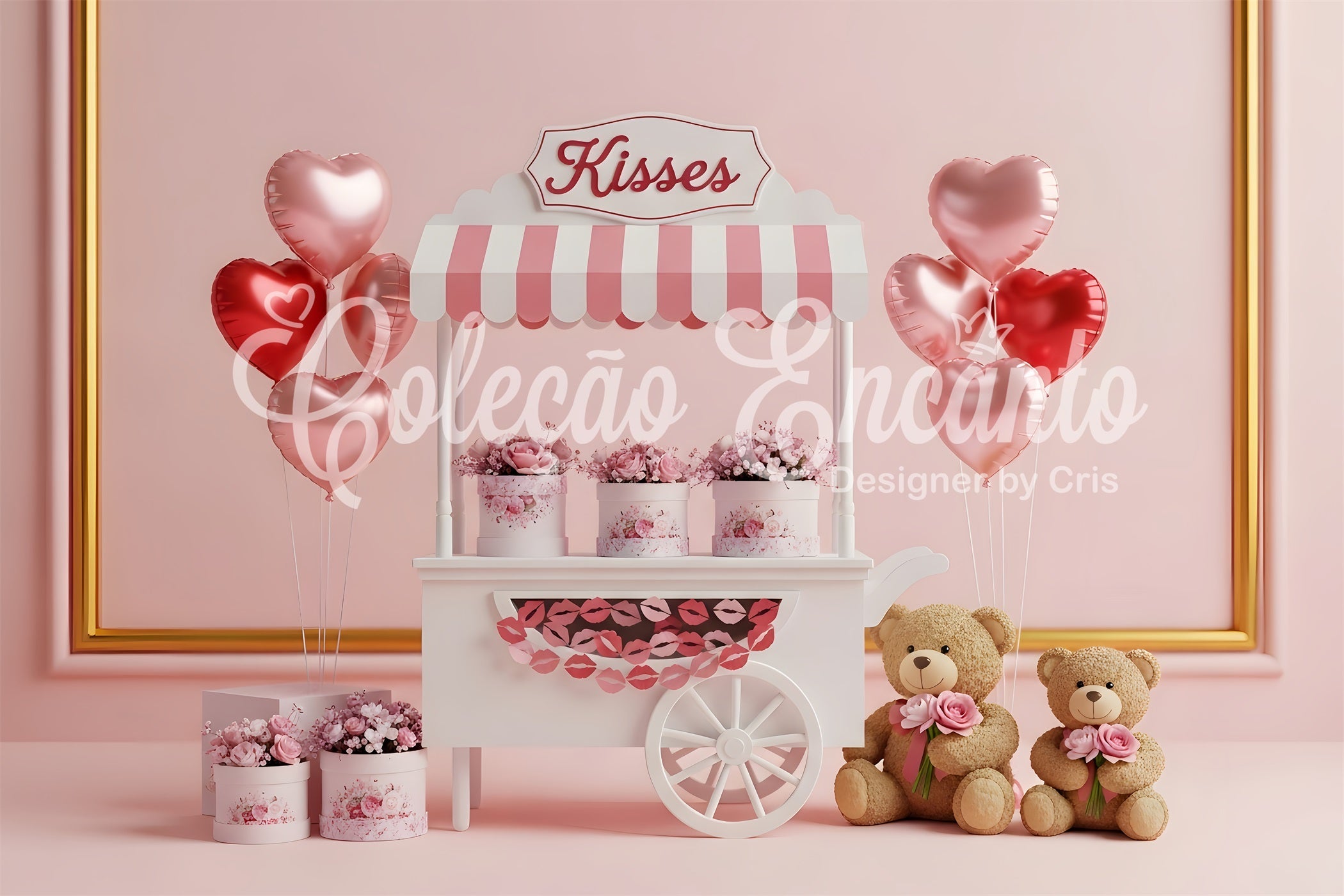 Valentine's Backdrops Kisses Cart Floral Romance Pink Valentines Backdrop UK By Magali